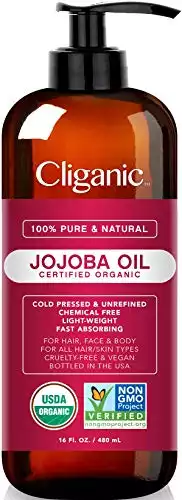Cliganic Organic Jojoba Oil 16 oz, 100% Pure | Bulk, Natural Cold Pressed Unrefined Hexane Free Oil for Hair & Face | Base Carrier Oil